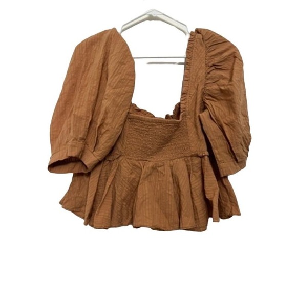 Free People Leave It To Me Babydoll Crop Square Neck Top Tan Camel Medium NWOT - Picture 6 of 7